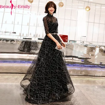 Beauty Emily Элегантные вечерние платья трапециевидной формы с высоким воротом, расшитые блестками, Сексуальная иллюзия черного цвета, вечернее платье с поясом из тяжелого бисера