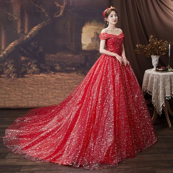 3 Модели, Красное Романтическое свадебное платье с блестящей звездой, с рукавом Плюс Размер, с открытыми плечами, на шнуровке, Свадебное платье Принцессы, Vestidos De Novia