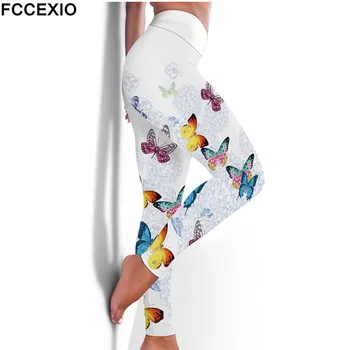 FCCEXIO Эластичные леггинсы для фитнеса с высокой талией, 6 цветов, 3D принт бабочки, сексуальные Леггинсы, повседневные спортивные штаны для тренировок